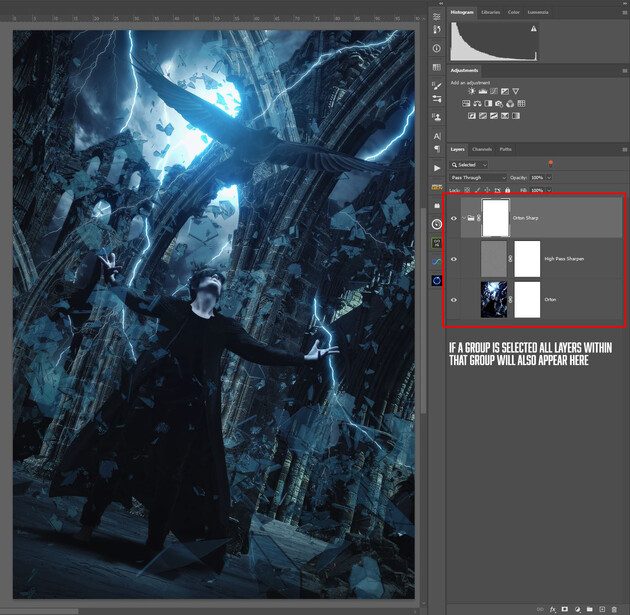 Screenshot of photo editing software showing a dark, moody cityscape with blue lighting and a silhouetted figure.
