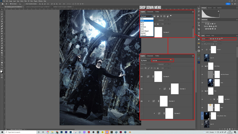 Screenshot of Photoshop with dark sci-fi character image and layers panel visible.