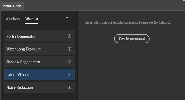 Screenshot of neural filter menu showing Portrait Generator, Water Long Exposure, Shadow Regenerator, Latent Visions, and Noise Reduction options.