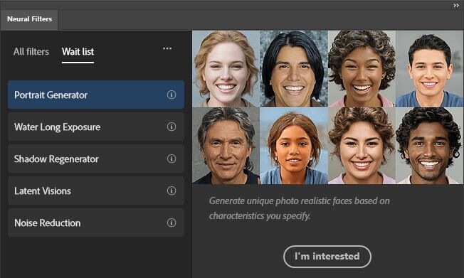 Screenshot of neural filter interface showing Portrait Generator filter with grid of eight AI-generated headshot portraits.