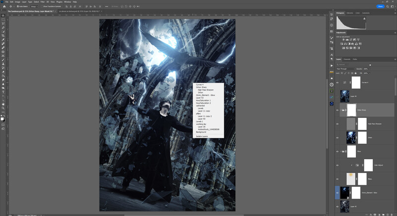 Screenshot of Photoshop workspace with a dark, moody architectural photograph open in the editor.