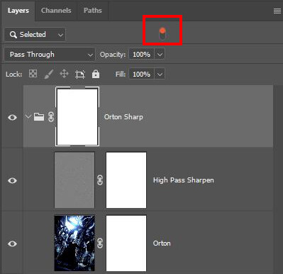 Screenshot of Photoshop Layers panel showing three layers with different sharpening filters applied.