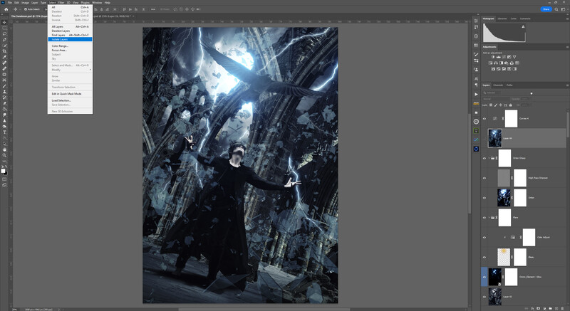 Screenshot of Photoshop workspace showing dark, atmospheric portrait of two figures in architectural setting.