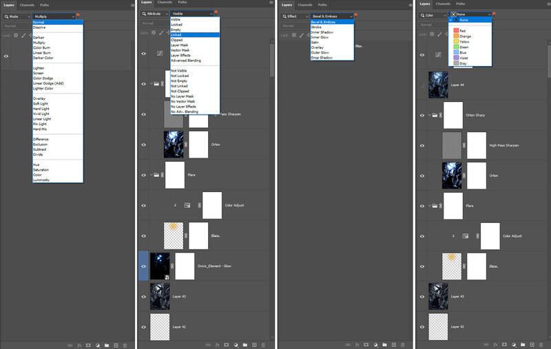 Screenshot of Adobe Lightroom workspace showing four panels with image thumbnails and adjustment panels open.