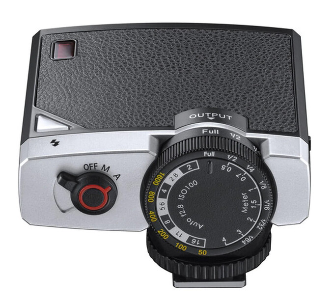 Top-down view of a vintage rangefinder camera with manual controls and attached light meter.