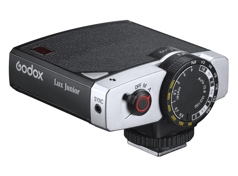Godox Lux Junior camera flash with rotary control dial and sync button on white background.