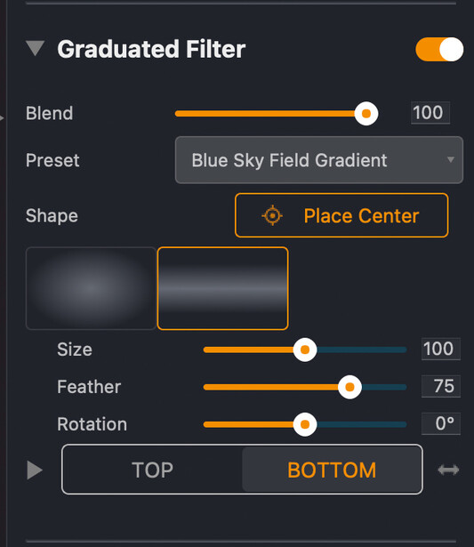 Screenshot of graduated filter controls in photo editing software with blend, preset, shape, size, feather, and rotation settings.
