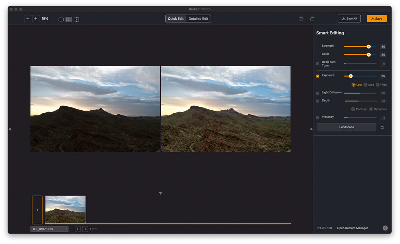 Screenshot of photo editing software showing before and after comparison of a desert mountain landscape.