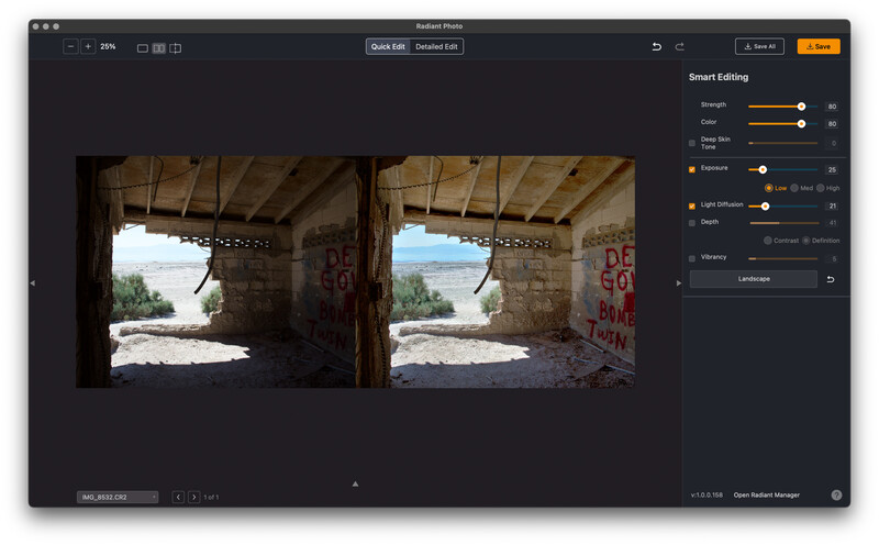 Screenshot of photo editing software showing before and after comparison of an underpass with adjusted exposure and color grading.