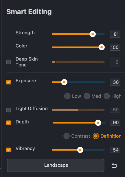 Screenshot of Smart Editing panel showing adjustment sliders for Strength, Color, Deep Skin Tone, Exposure, Light Diffusion, Depth, and Vibrancy with various values.