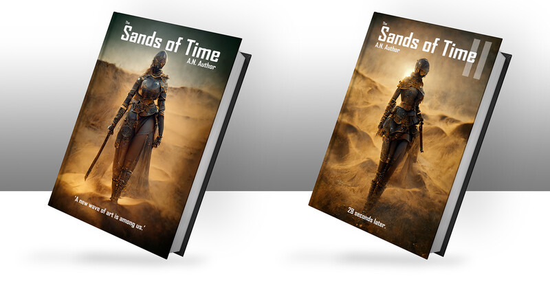 Two book cover designs for 'Sands of Time' featuring a figure in desert armor against a golden, dusty landscape.