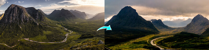 Mountain valley landscape with winding road beneath dramatic peaks and green slopes.