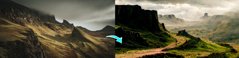 Side-by-side comparison of two mountainous landscapes with dramatic cliff formations and valleys.