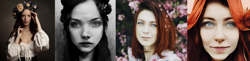 Four portrait photographs of women with varied styling, lighting, and post-processing techniques.