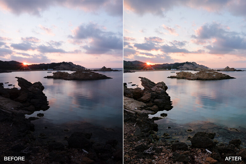 Coastal sunset with rocky islands and calm water, showing before and after editing comparison.