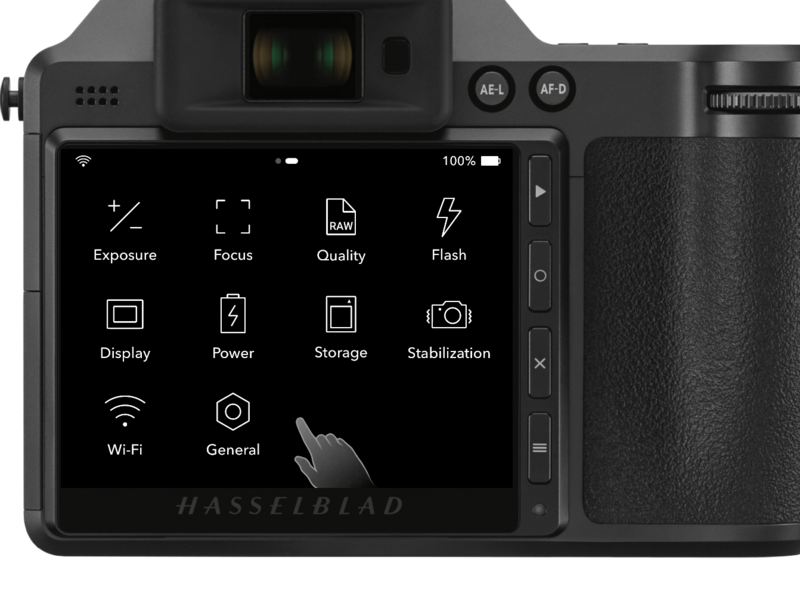 Screenshot of a Hasselblad camera's rear LCD menu displaying exposure, focus, quality, flash, display, power, storage, stabilization, Wi-Fi, and general settings options.