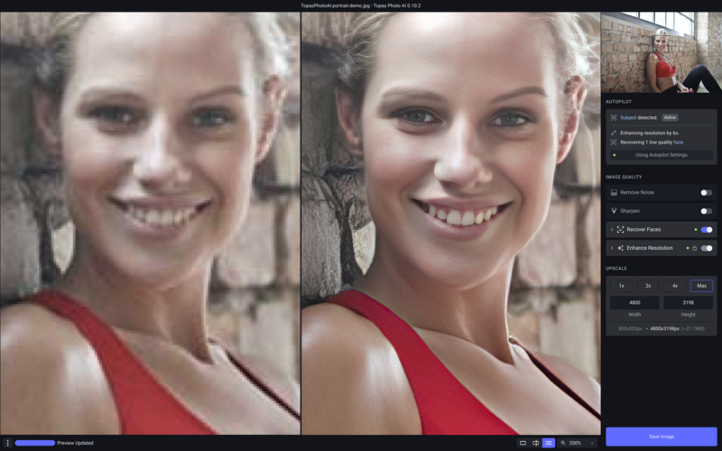 Before and after portrait comparison showing skin retouching adjustments in photo editing software.