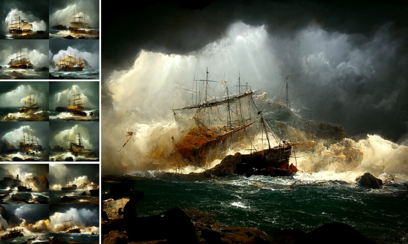 Wooden sailing ship caught in dramatic storm waves against rocky coastline with dark sky.