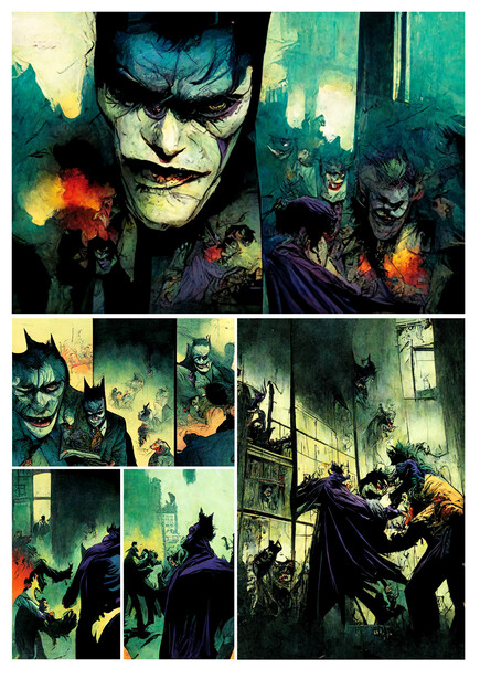 Comic book panel sequence featuring a character with dramatic green and black makeup in gothic urban setting.