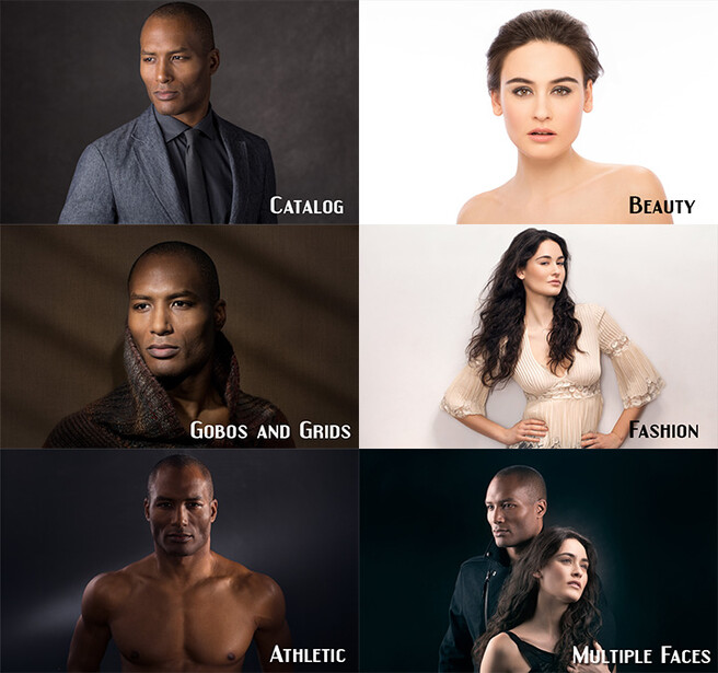 Grid of six portrait photography examples demonstrating different styles and lighting techniques.