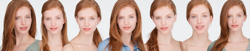 Seven headshot portraits of a woman with reddish-brown hair showing different expressions and angles.