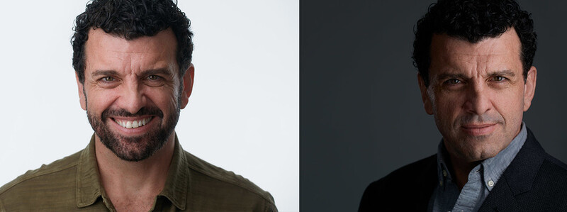 Two professional headshots showing different lighting approaches and styling choices for portrait photography.