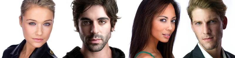 Four portrait headshots showing diverse subjects with professional lighting and neutral white background.