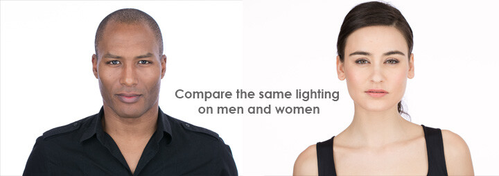Side-by-side portrait comparison of a man and woman with identical studio lighting setup.
