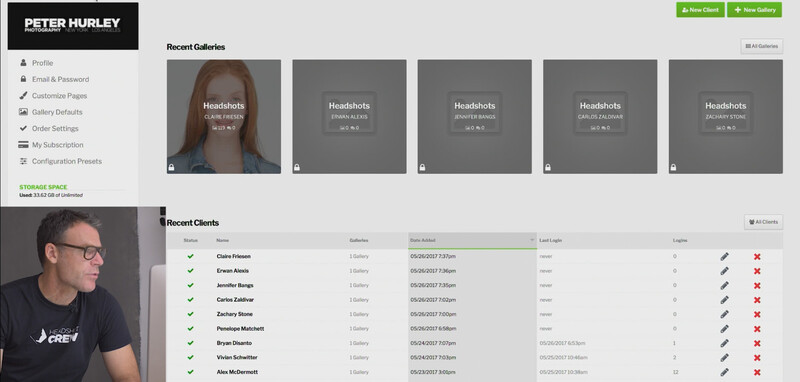 Screenshot of a photographer's portfolio website dashboard showing recent gallery thumbnails and client list.