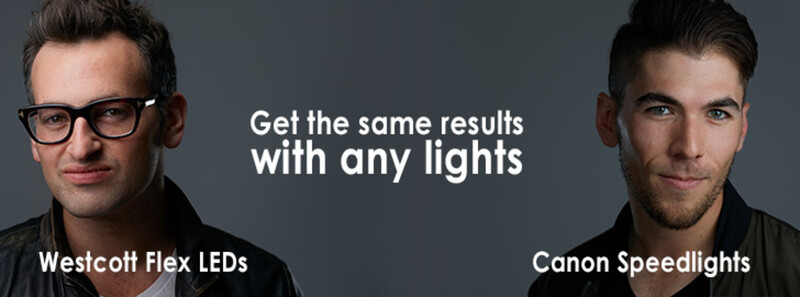 Comparison graphic showing two men lit with different professional lighting setups producing similar results.