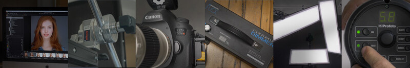 Photography studio setup showing camera equipment, lighting, and post-processing workflow on computer.