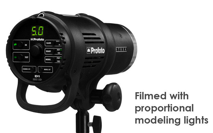 Profoto D1 studio monolight with digital display showing 5.0 power setting on black stand.