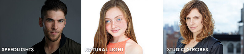 Three portrait headshots demonstrating different lighting techniques: speedlights, natural light, and studio strobes.