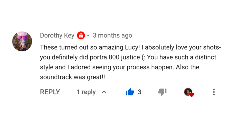 Screenshot of a YouTube comment praising photography work and creative process.