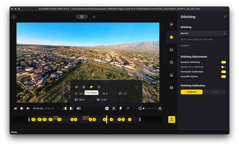 Screenshot of video stitching software showing aerial footage of a suburban landscape with optimization controls displayed in the right panel.