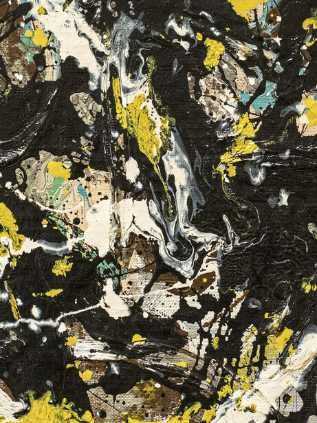 Abstract painting with gestural black brushstrokes, cream, and bright yellow accents on dark background.