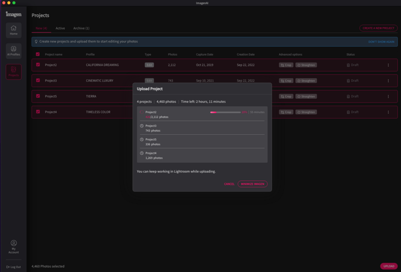 Screenshot of a project management interface with an upload dialog box overlay.