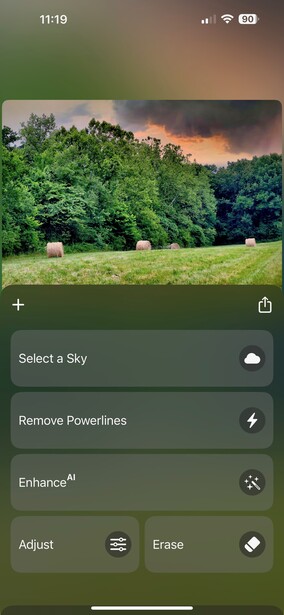 Screenshot of mobile photo editing app showing landscape with forest and sunset sky.