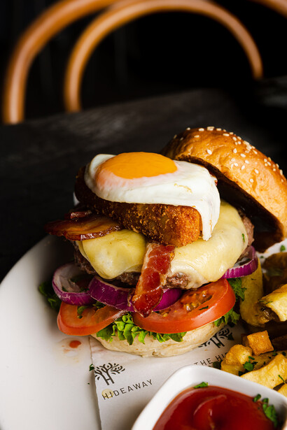 Gourmet burger with fried egg, vegetables, and crispy fries on a white plate with sauce.