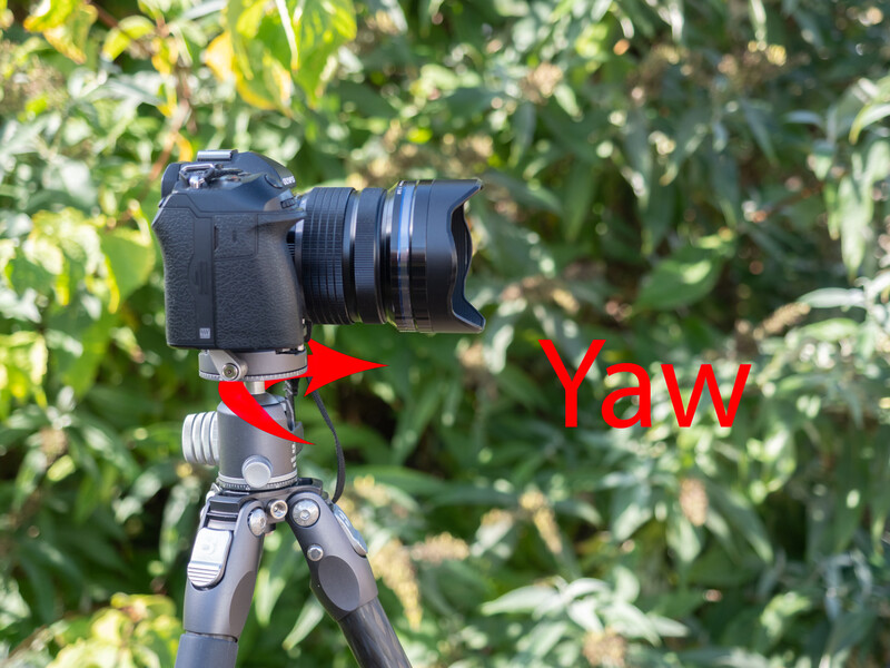 DSLR camera mounted on tripod with telephoto lens, labeled with red arrow pointing to yaw axis.
