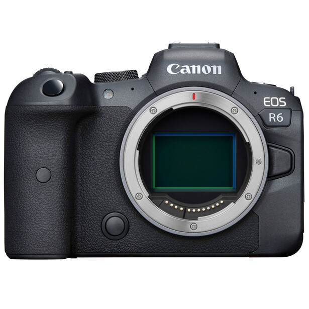 Canon EOS R6 mirrorless camera body front view with sensor visible through open mount.