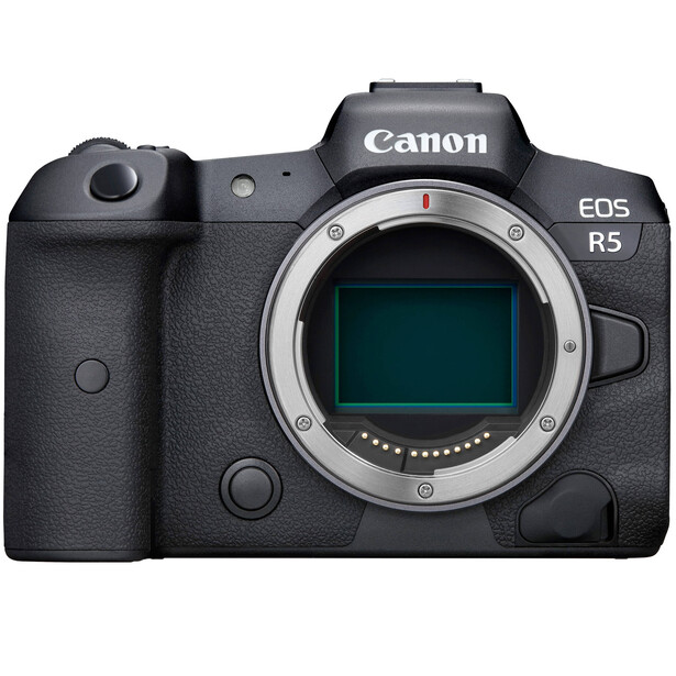 Canon EOS R5 mirrorless camera body shown from front with sensor exposed.