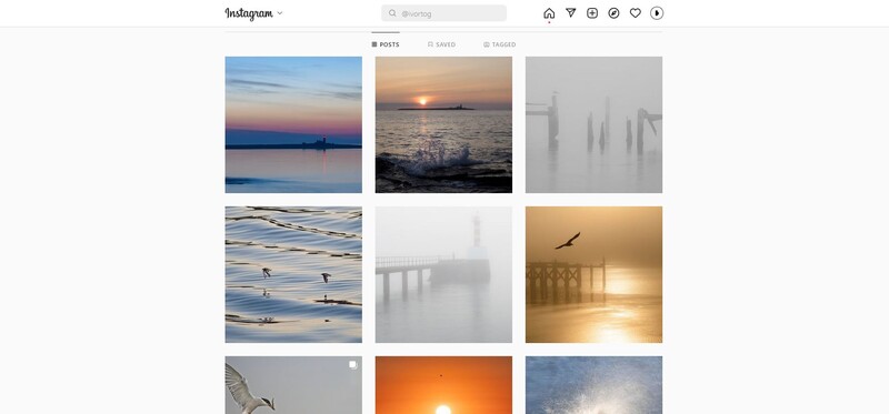Screenshot of Instagram profile grid displaying nine landscape and seascape photographs with golden hour and blue hour lighting.