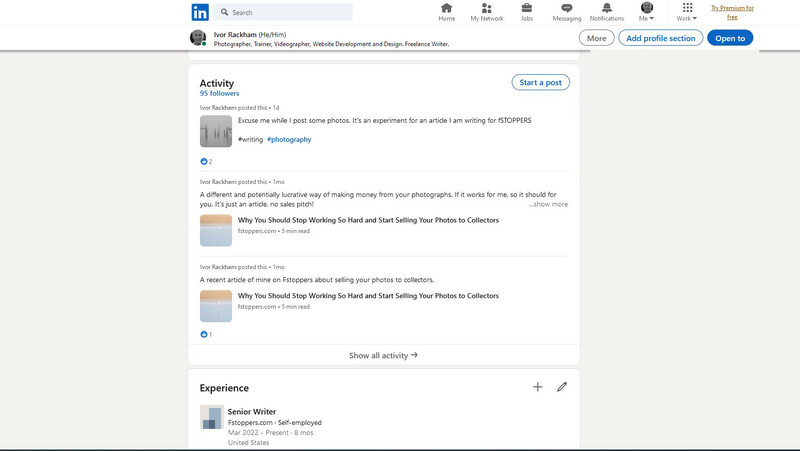 Screenshot of a LinkedIn profile activity feed showing photography-related posts and professional experience.