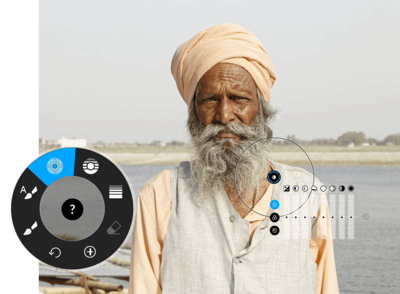 Portrait of an elderly man with long white beard wearing a cream turban and light-colored clothing, standing outdoors near water with a circular editing interface overlay on the left.