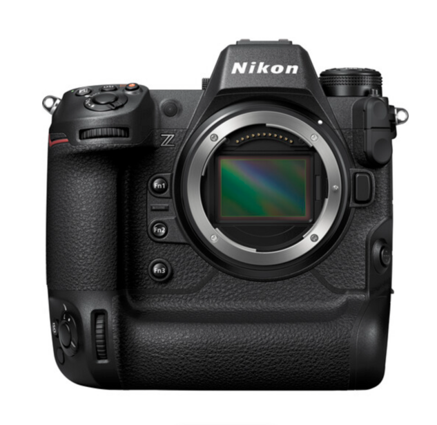 Nikon Z9 mirrorless camera body with battery grip attached, shown from front-facing angle.