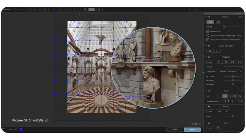 Screenshot of photo editing software showing architectural interior with circular magnified detail overlay.