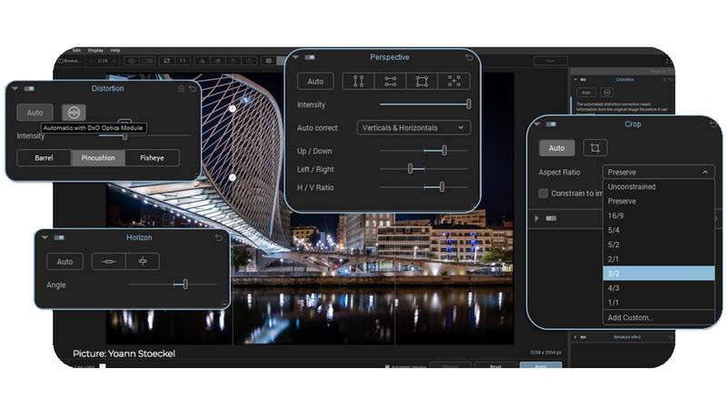Screenshot of photo editing software with perspective and horizon correction panels open over a nighttime cityscape image.