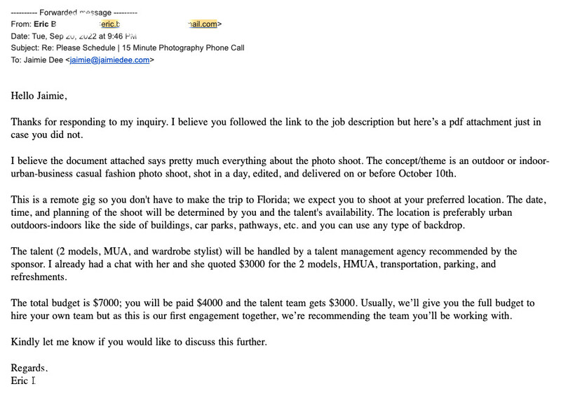 Scam email received by a photographer