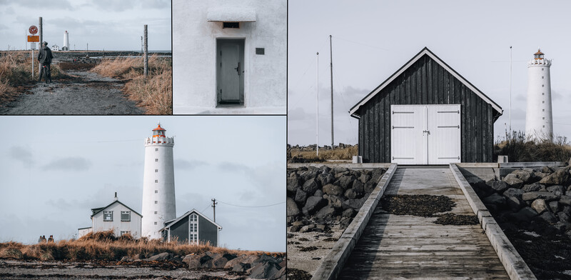 Collage of Nordic coastal architecture including lighthouses, minimalist buildings, and a wooden boathouse on rocky shores.